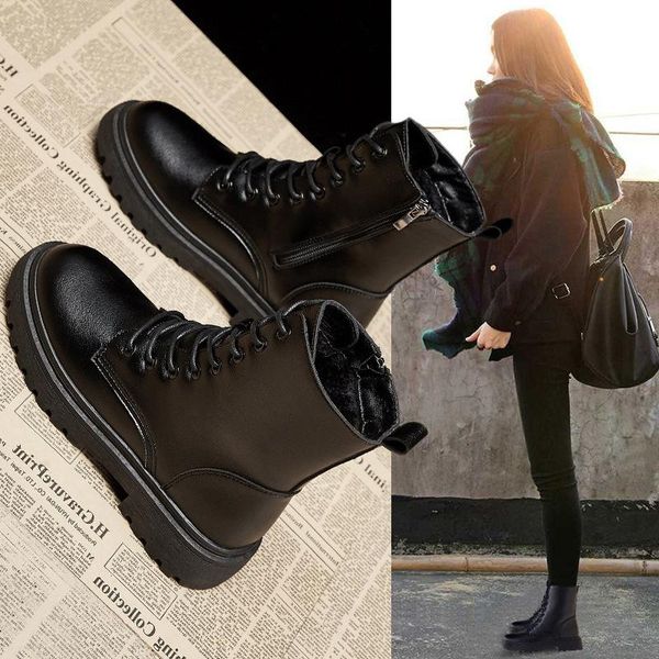 

boots plus velvet british women 2021 winter wild student warm short female thick-soled thin fit, Black