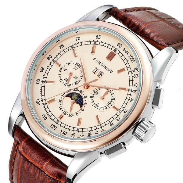 

refining moon phase shanghai moving rose gold case brown leather band men watches fire luxury automatic, Slivery;brown