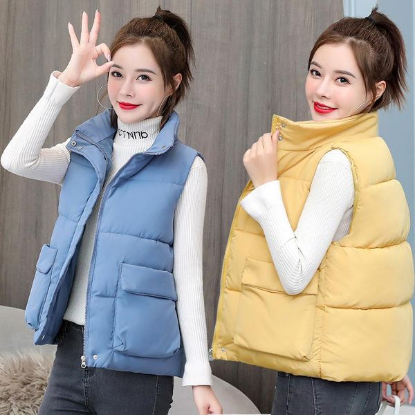

women's vests autumn and winter all-match casual solid color pocket down cotton short fashion wide multicolor loose zipper vest, Black;white