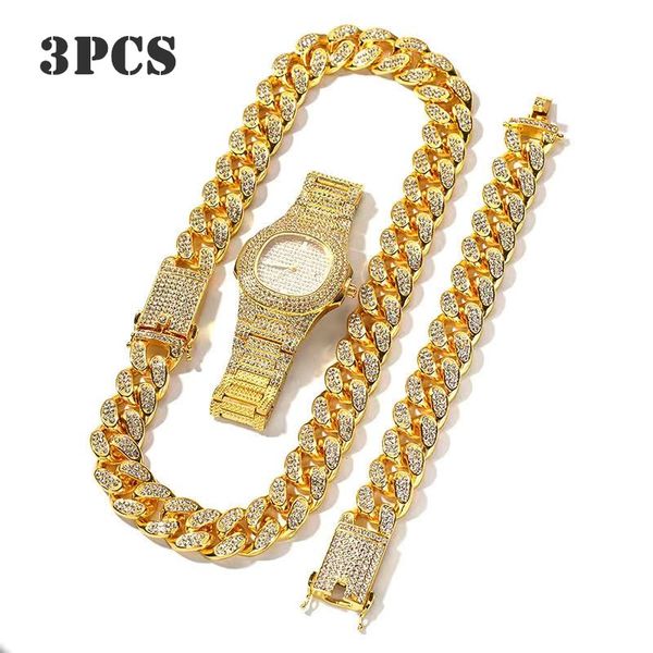 

3/2pcs necklace+watch+bracelet hip hop miami cuban chain gold color iced out paved rhinestones cz bling rapper men jewelry joyasg, Slivery;brown