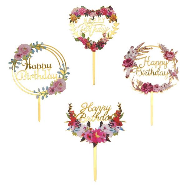 

4pcs creative cake picks birthday party acrylic cake floral ers decor