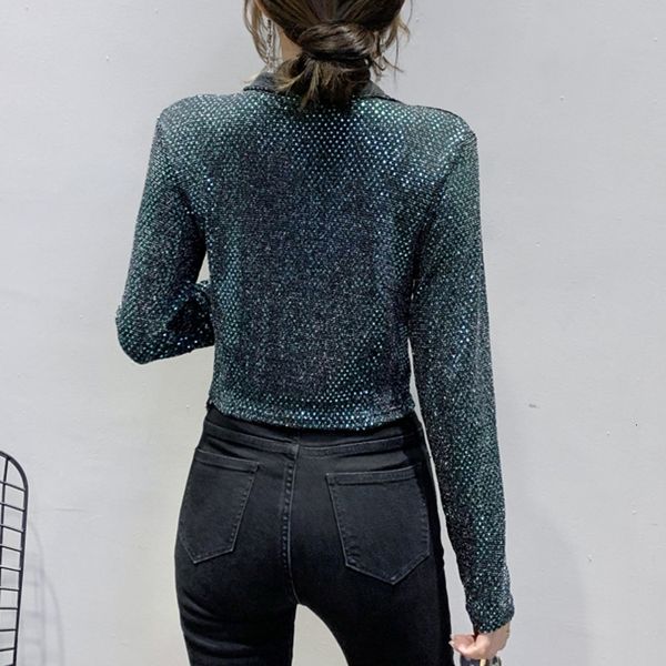 

2021 new spring fall shiny coat womens fashion zipper cardigan british style sequins short jacket ropa mujer stretchy c00601l eaqf, Black;brown