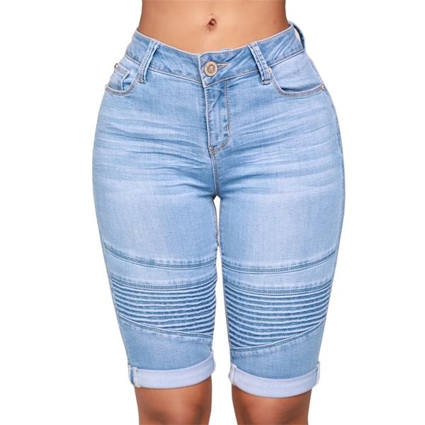 Elastische Damen-Jeansshorts mit mittlerer Leibhöhe, knielang, kurvige Bermuda-Stretch-Short-Jeans 210708