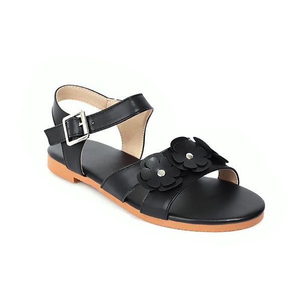 

new 2021 ladies summer sandals for girls women flats synthetic leather buckle strap peep toe shallow flower sandals casual shoes, Black