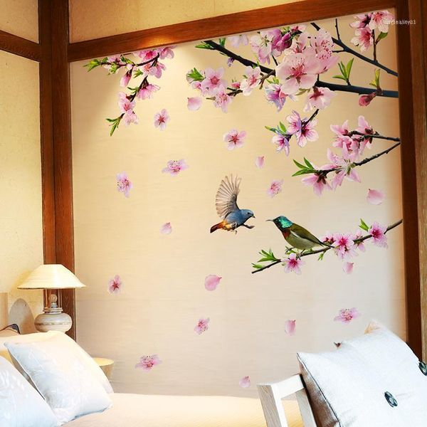 

[shijuehezi] tree branch flower birds wall stickers diy peach blossom decals for house living room bedroom decoration11