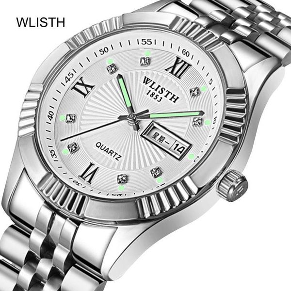 

wristwatches business fashion stainless steel belt week calendar gold couple men women male female 30 meters waterproof quartz wrist watch, Slivery;brown