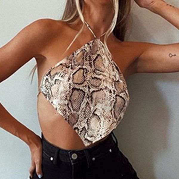 

y2k snake print halter crop backless cami women sleeveless short 2021 summer fashion club streetwear clothes, White;black