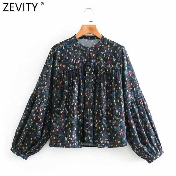 

zevity women vintage totem flower print casual loose smock blouse office ladies lantern sleeve shirt chic blusas ls7449 210603, White