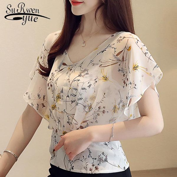 

women's summer blouses 2021 plus size v neck ruffles print chiffon blouse women short sleeve shirts ladies 4596 50, White
