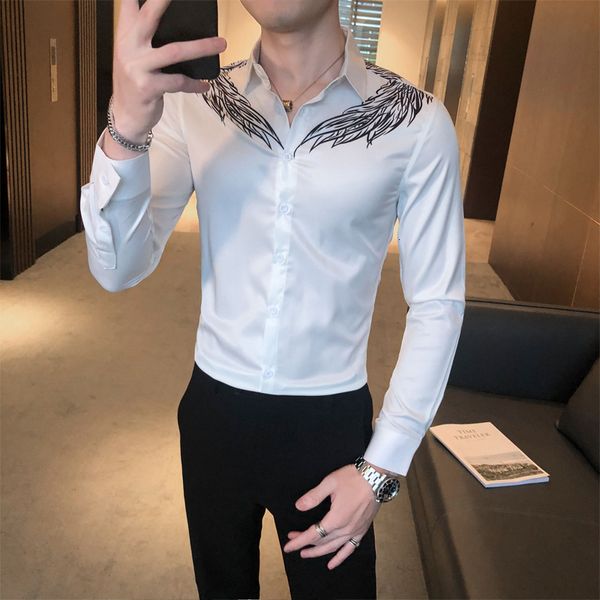 

2021 new preto/branco moda simples bordado manga longa camisa masculina vestido todo o jogo fino ajuste casual blusa homme streetwear 3xl-m, Black;brown