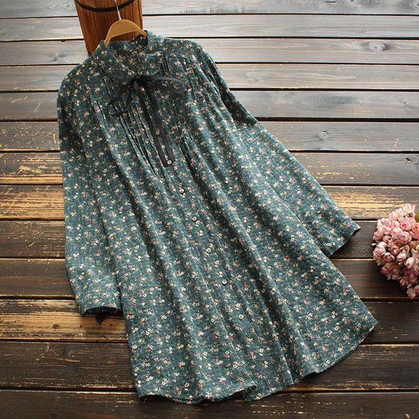 

women shirt cotton linen 2021 print floral new autumn retro long-sleeved lace-up floral print loose women long blouse, White