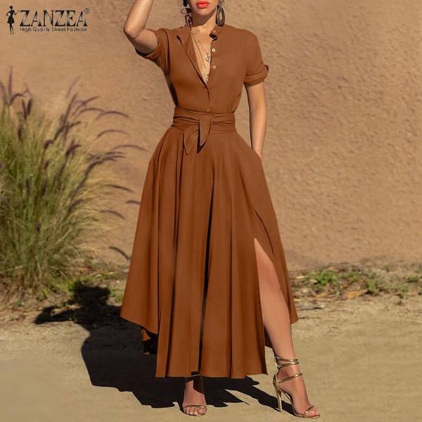 

casual dresses fashion women solid split hem maxi long sundress autumn sleeve ol work vestidos robe femme belted shirt dress, Black;gray