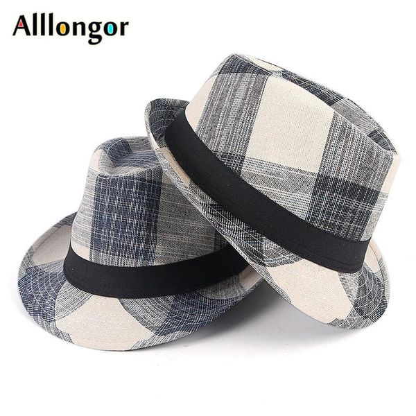 

stingy brim hats fedora hat men fashion 2021 spring plaid print jazz cap, Blue;gray
