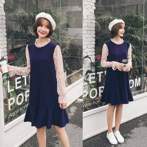 

casual dresses autumn winter long sleeve slim ruffles lady plus size fake two-piece dress o neck basic female fashion causal women, Black;gray