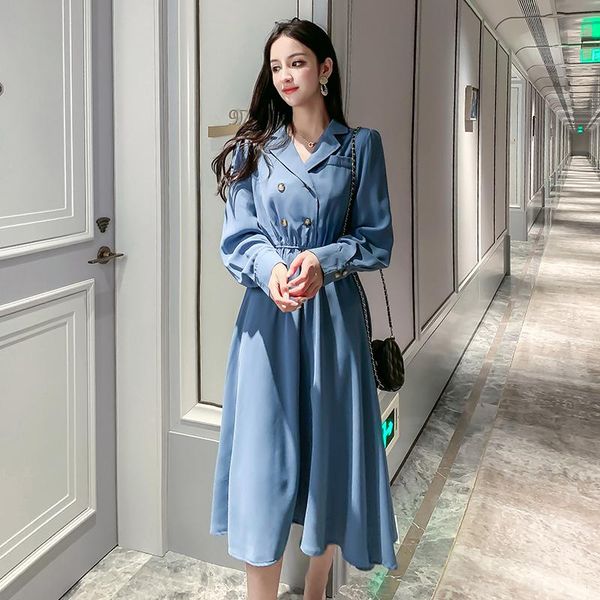 

casual dresses v-neck suit dress female fashion temperament high waist slim slimming double-breasted 2021 autumn a word solid long, Black;gray