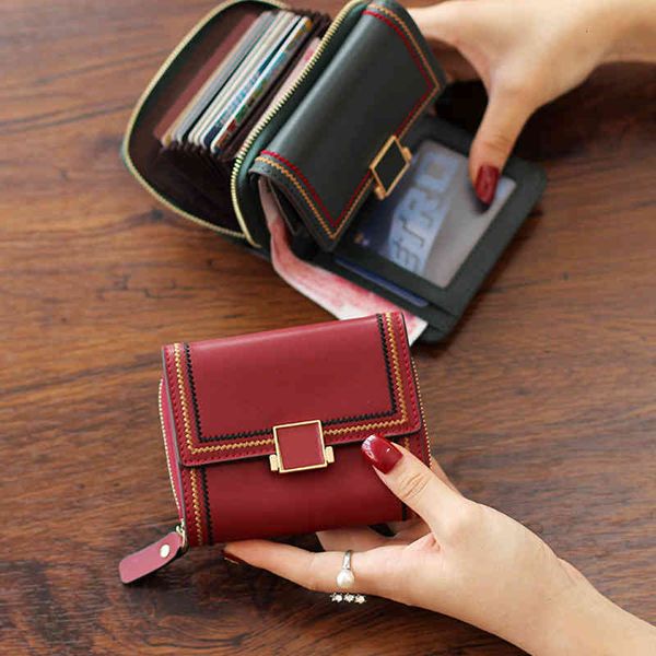 

small wallet women's short multi card pocket money bag integrated folding fashion, Red;black