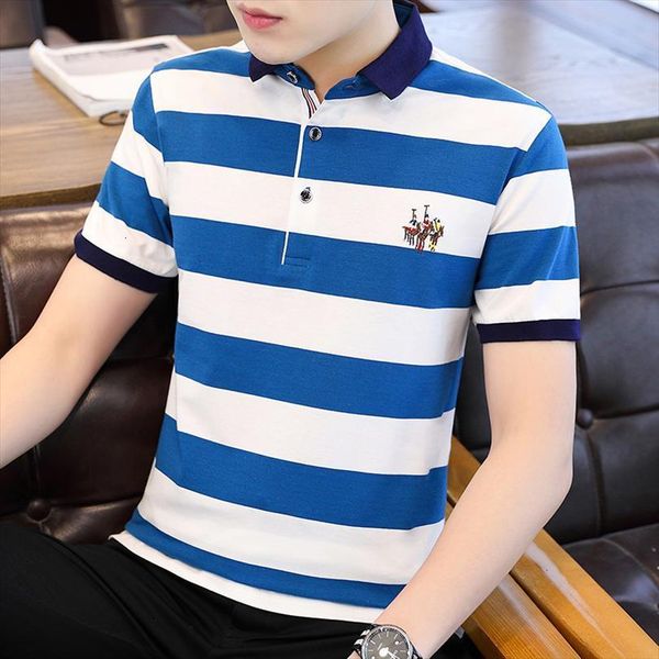 

shirt summer business casual slim men polos embroidered short sleeved striped shirts plus size m 4xl, White;black