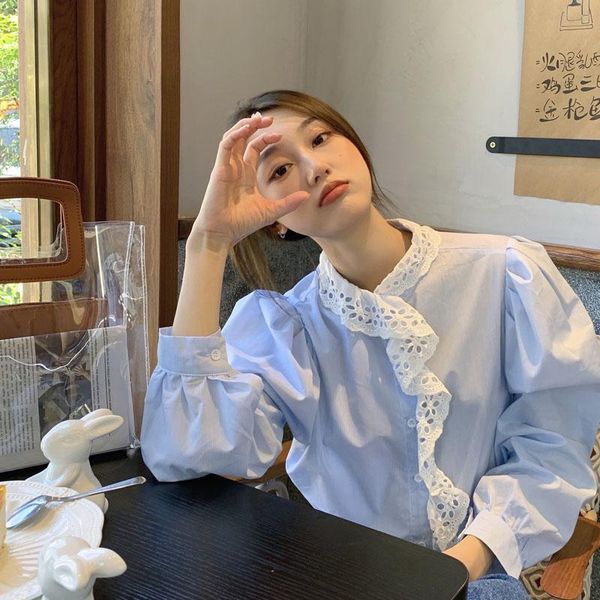 

women's blouses & shirts japanese vintage chic chiffon sweet casual women for 2021 v-neck ruffle petal puff sleeve loose, White
