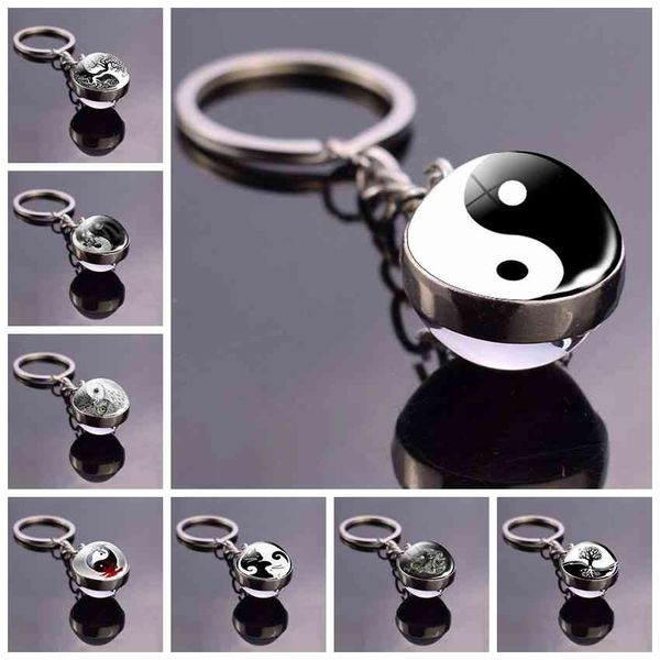 Schwarz-weißer Yinyang-Taichi-Symbol-Schlüsselanhänger, Schmuck, Yin-Yang-Lebensbaum, Glaskugel-Anhänger, Schlüsselanhänger, Geschenke für Frauen