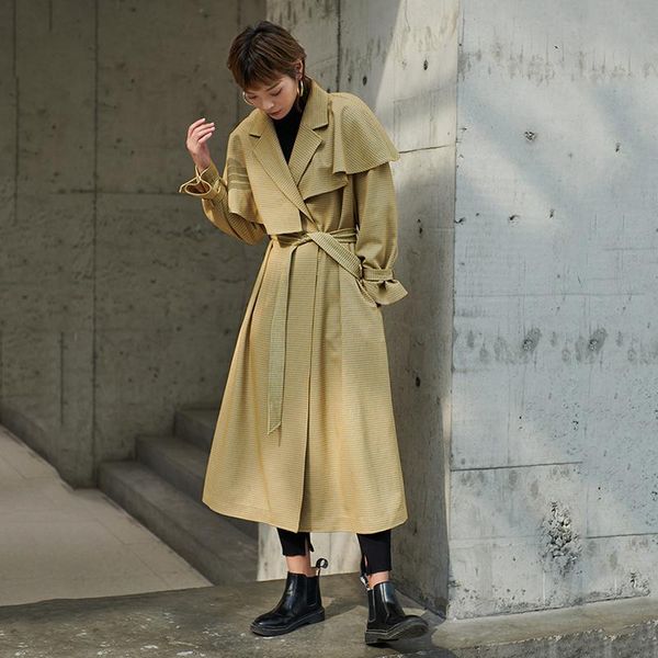 

women's trench coats [ewq] korea chic yellow coat autumn 2021 laple loose lace up waist plaid long sleeve windbreaker tide 16e4400, Tan;black