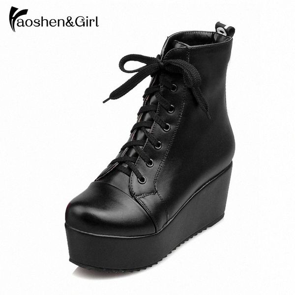 

haoshen&girl winter/spring woman wedge heel 6.5cm ankle boots lace up shoes 4cm platform fashion boots womens black shoes winter shoes j0ih#