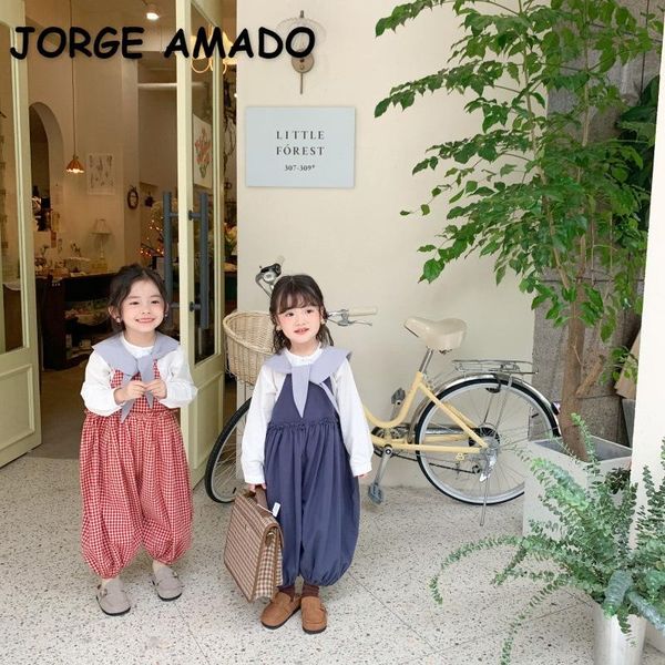 

jumpsuits 2021 spring kids girls overalls sleeveless loose style red blue plaid sling pants clothes e588