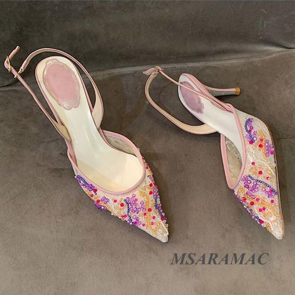 

dress shoes summer lace crystal beaded high heel sandals leather pointed toe women wedding quality party, Black