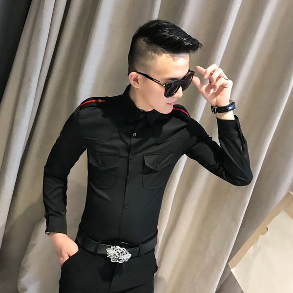 

black/white/red 2021 new flight attendants long-sleeve men's shirts fashion front pockets thin casual adjustment night club sweater 228, White;black