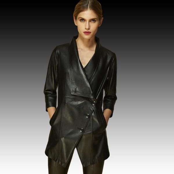 

women's leather & faux spring pu jacket female single breasted coat women slim was thin long sleeve outerwear wq1388, Black