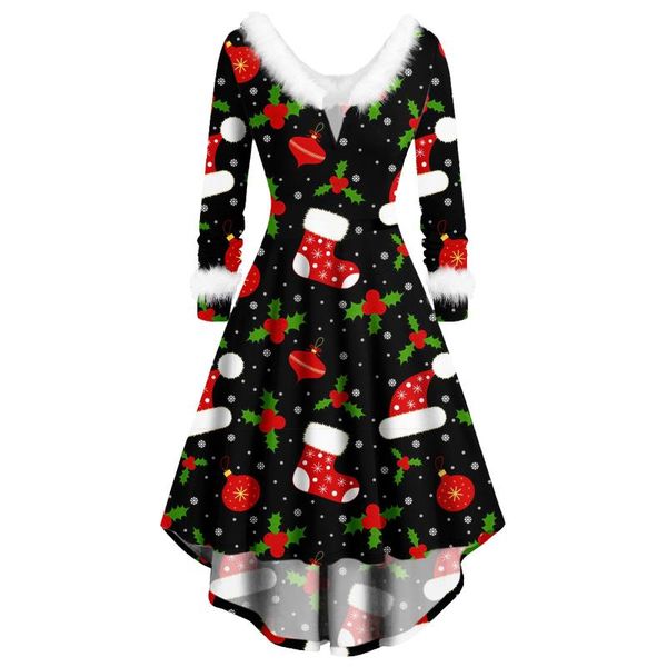

casual dresses christmas swing dress women v neck long sleeve irregular-hem a line party winter xmas cartoon print, Black;gray