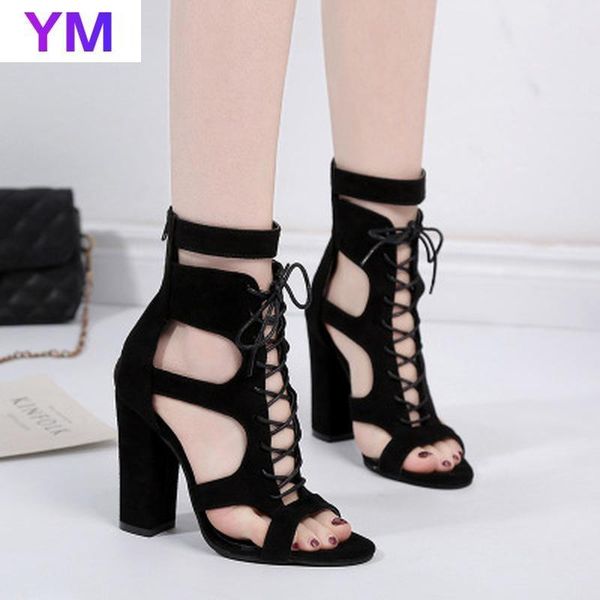 

summer new fashion women high heel sandals solid color fish mouth peep toe lace-up sandals after zipper fashion casual, Black