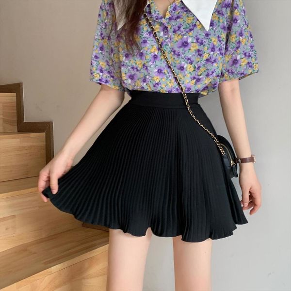 

college style high waist thin womens skirt pleated a line retro women y2k skirts harajuku mini for, Black