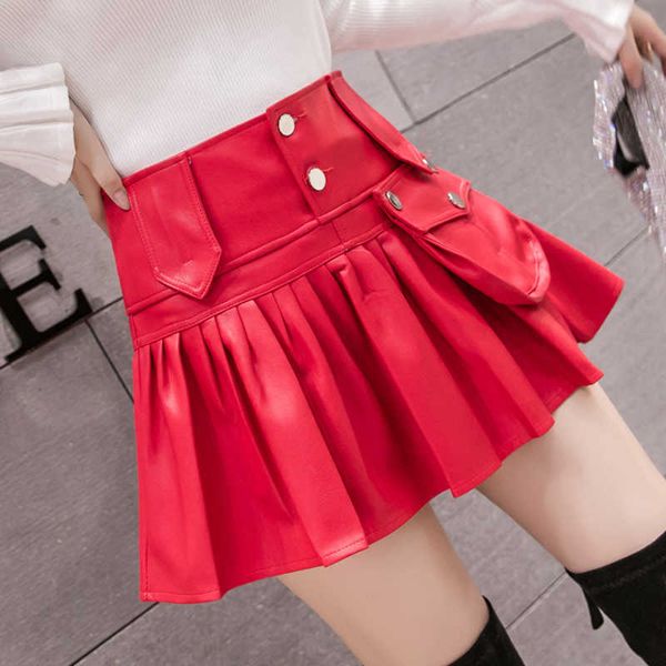 

red women pu leather skirt autumn winter fashion pleated empire package hip mini skater solid female 210601, Black