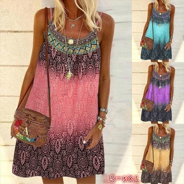 

summer bohemia vintage floral womens dresses print spaghetti strap mini casual sleeveless loose vestidos beach, Black;gray