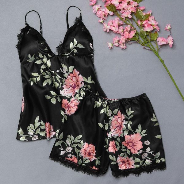 

summer printed strap v-neck pajama set ladies silk satin pajamas flower lace underwear set underwear pajamas #yj, Black;red