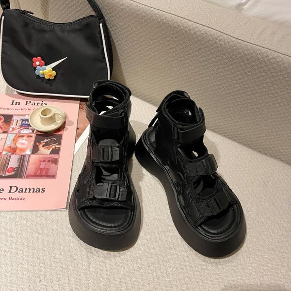 

sandals 2021 chunky women pu leather platform flats ankle buckle straps ladies summer beach casual shoes handmade, Black