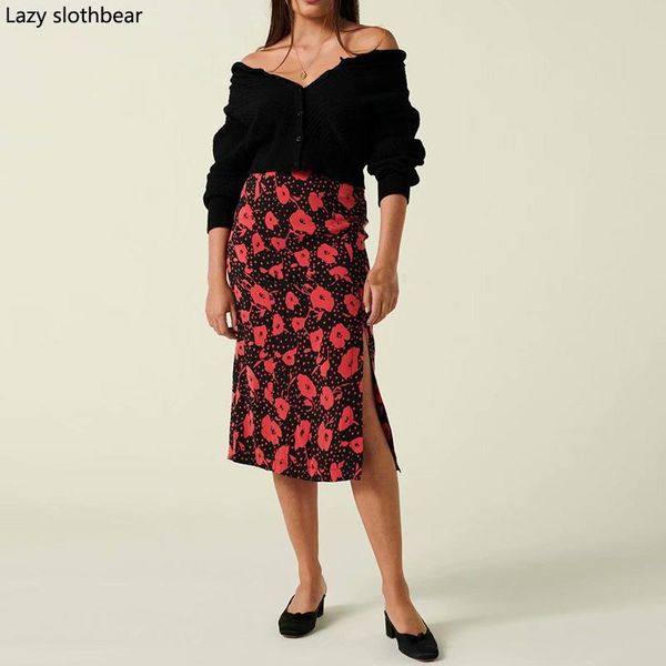 

skirts product fashion temperament long skirt print slit slim dance, Black