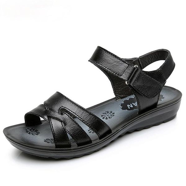 

sandals size 35-41 summer women genuine leather vintage ladies flat sandials ankle strap fashion casual platforms soft shoes, Black