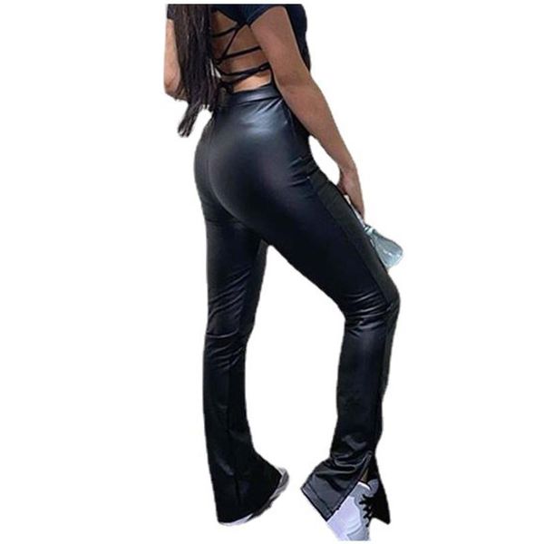 

women's pants & capris faux leather pu plus size black high waist straight wide leg pant women trousers casual skinny elastic stretch, Black;white