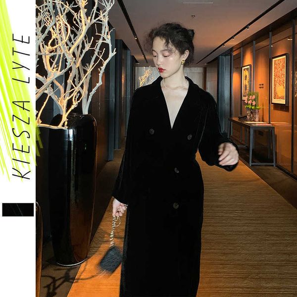 Mulheres Velvet Casaco Outono Inverno Elegante Kimono Stitch Black Velor Long TRech Overcoat Femme Robe Outwear 210608