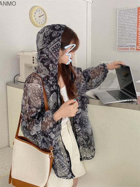

women's jackets french cardigan hooded printing long sleeve chiffon shirt for summer 2021 korean loose and thin fashion, Black;brown