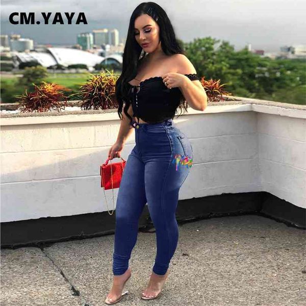 

cm.yaya women jeans high waist pocket criss-cross lace up sheath elastic ankle length denim pencil pants casual fashion trousers 210915, Blue