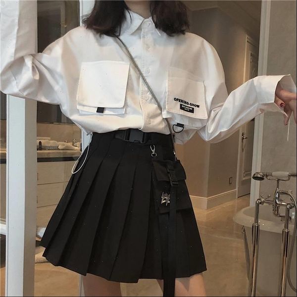 

2020 new summer skirt korean retro harajuku style high waist pocket tooling pleated skirt hip hop skirt [with sashes, Black