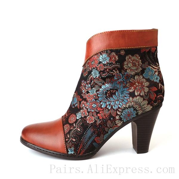 

boots red-brown genuine leather high heel women embroidered flowers retro shoes big size 36-42 short plush lining autumn winter, Black
