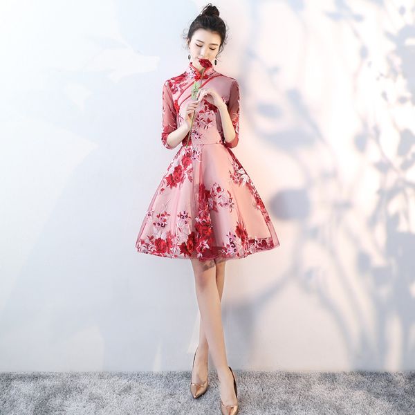 

modern chinese dress dress lace sleeve mandarin collar petite vestido festa female oriental dress elegant chinese dresses 10339, Red