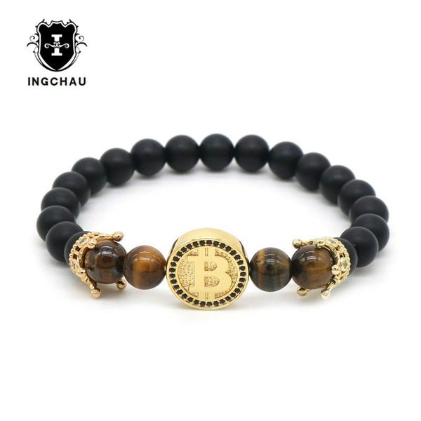 

charm bracelets 2021 luxury cubic cz gold color crown bracelet men matte stone beaded gift for pulseira masculina bt-2, Golden;silver