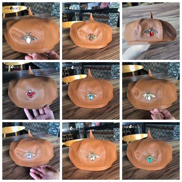 

beanies myalice fashion bee butterfly metal carved color rhinestones decoration women beret pu leather ladies cap drop custom
