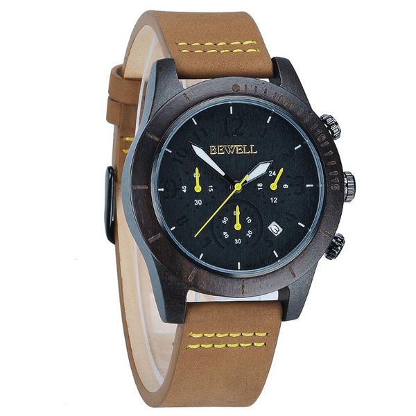 

wristwatches bewell men's ladies wrist watch quartz yellow with leather strap brown calendar date wood natural arrival 157a, Slivery;brown