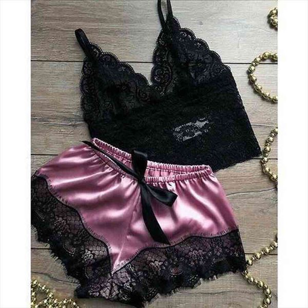 

1 set lace lingerie women sleepwear shorts babydoll pajamas nightwear, Black;red