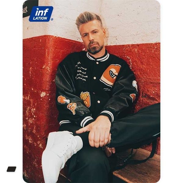 ИНФЛЯЦИЯ Высокое качество вышивки бейсбол Varsity Jacket Men Black Leather Sleeve Bomber Winter Толстые ватки Outwear 211110